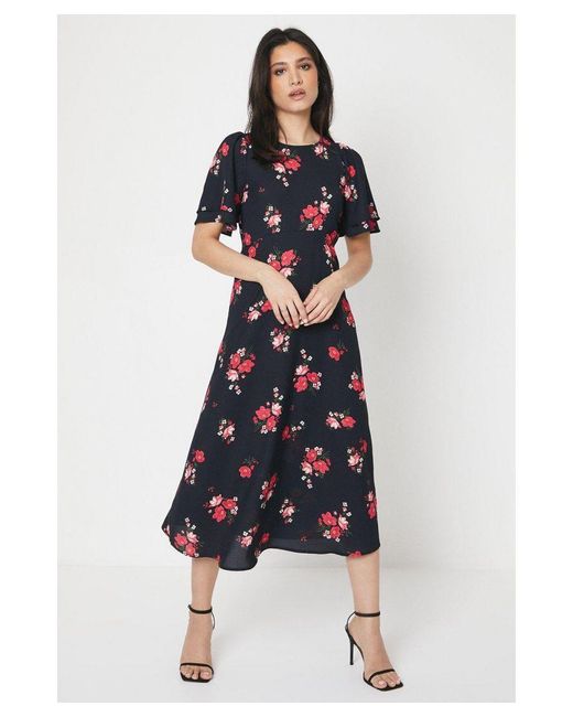 Dorothy Perkins Blue Floral Tie Back Flutter Sleeve Midi Dress