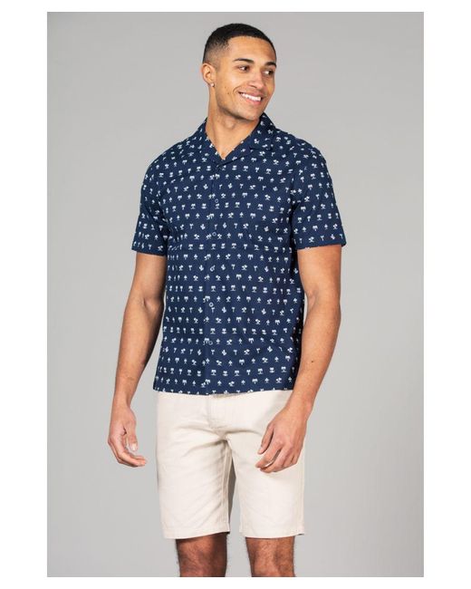 Kensington Eastside Blue Cotton Short Sleeve Button-Up Printed Shirt for men
