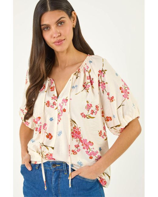 Roman White Floral Print Tie Front Top