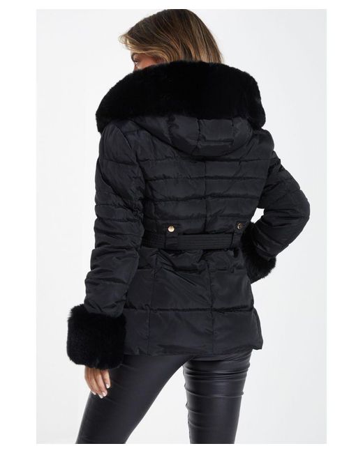 Quiz Black Padded Faux Fur Trim Jacket