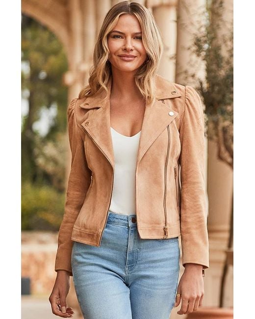 Sosandar Natural Camel Suede Ruched Sleeve Biker Jacket