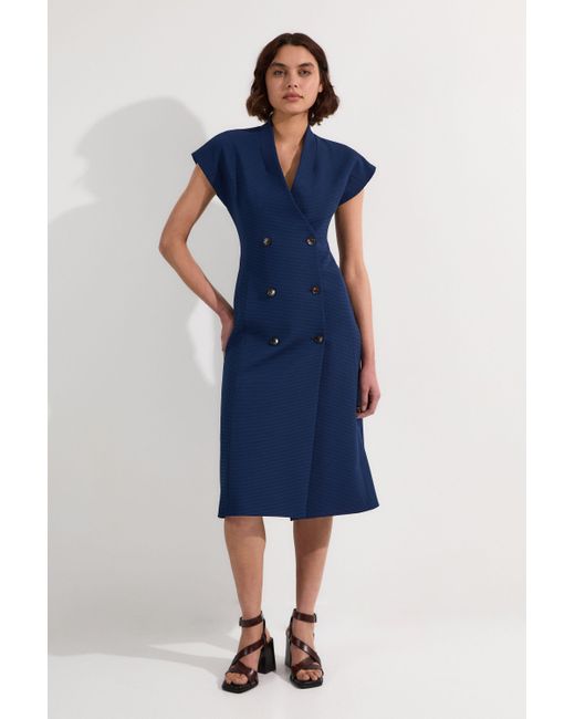 Karen Millen Tailored Textured Double Breasted Midi Dress in Blue