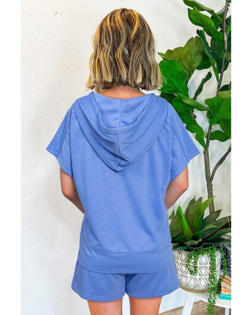 Azura Exchange Blue Casual Zipped Short Sleeve Hoodie And Shorts Set