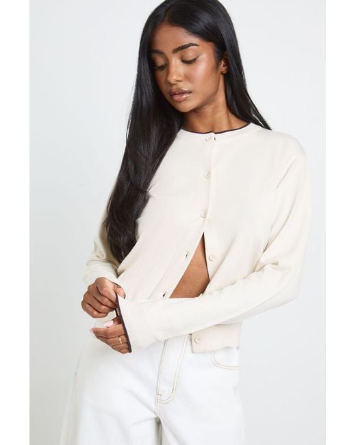 Boohoo White Super Soft Contrast Neck Knitted Cardigan