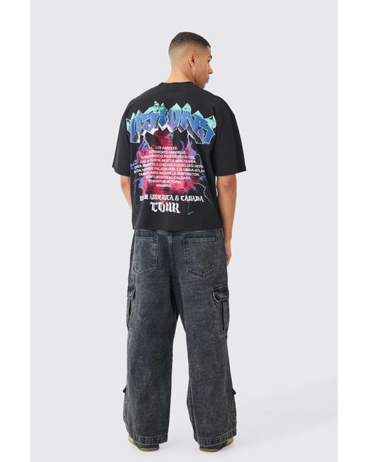 BoohooMAN Blue Elastic Waist Acid Wash Parachute Cargo Jeans for men