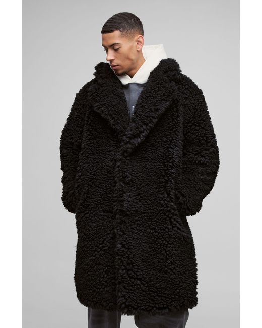BoohooMAN Black Oversized Longline Borg Overcoat for men