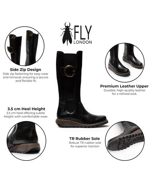 Fly London Black Leather Knee-High Long Boots