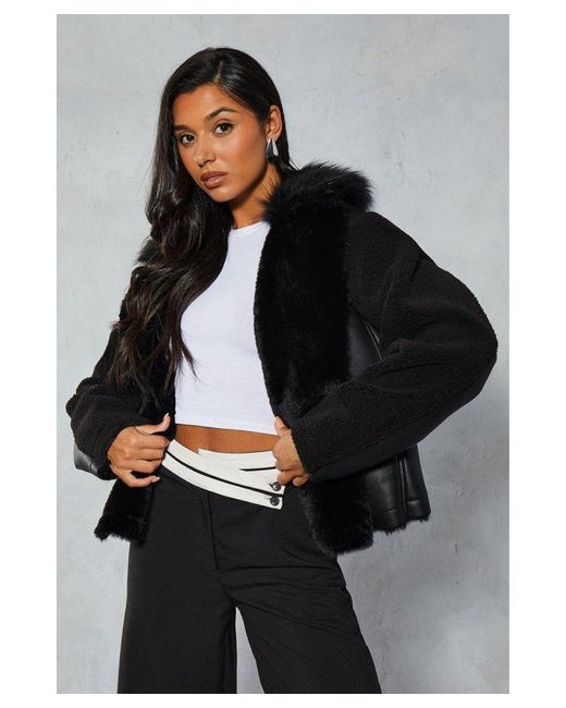 MissPap Black Faux Fur And Borg Panelled Leather Look Aviator Coat