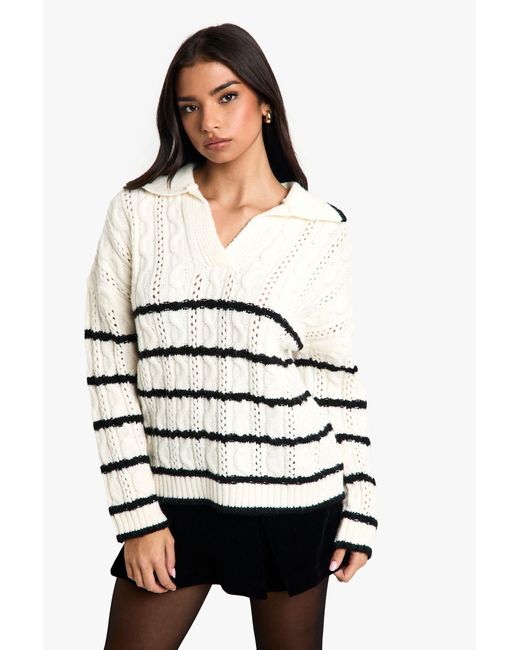 Boohoo White Soft Knit Cable Stripe Polo Collar Jumper