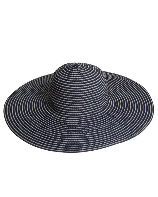 Woodland Leathers Blue Ladies Extra Wide Brim Striped Sun Hat Foldable Summer Beach Hat