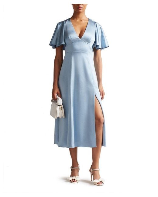 Ted Baker Blue Immie Satin Midi Dress With Cape Sleeve, Mid