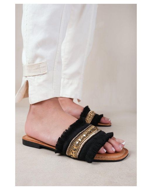 Where's That From White 'Astroid' Flat Sandals With Fringe Trim And Stud Details