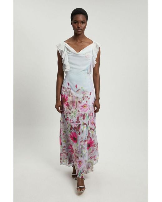 Karen Millen Pink Crinkle Georgette Floral Print Ruffle Sleeve Woven Midi Dress