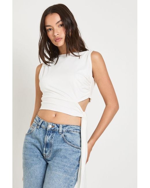 Boohoo Blue Supersoft Cut Out Tie Drape Sleeveless Top