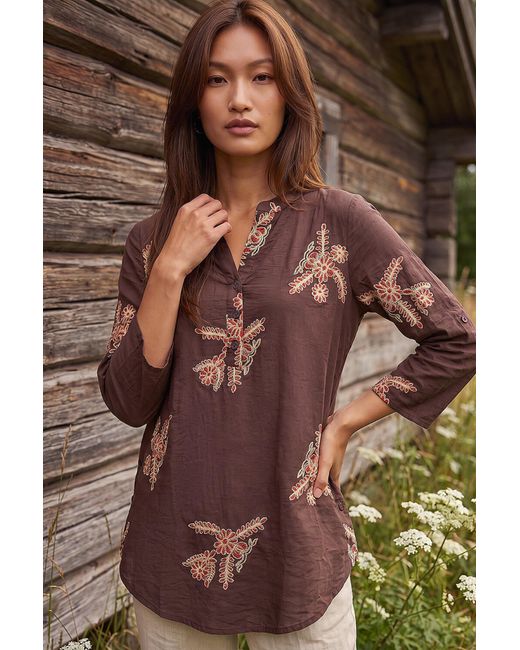 Roman Brown Embroidered Floral V-Neck Top