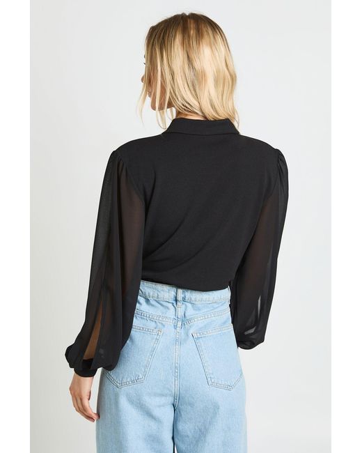 Boohoo Black Petite Wrap Chiffon Sleeve Bodysuit