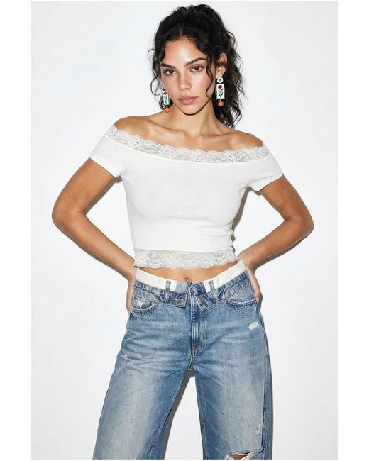 Bianco Lucci Blue Off Shoulder Lace Detailed Crop Blouse