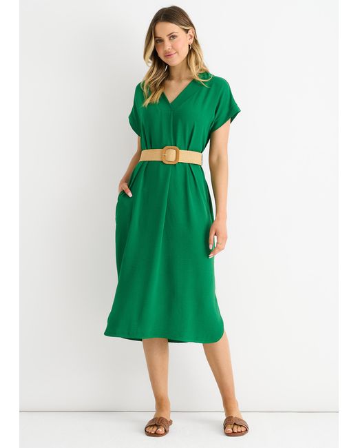 Gini London Green Grünes Air Flow Kleid Mit Gürtel Und Übergröße