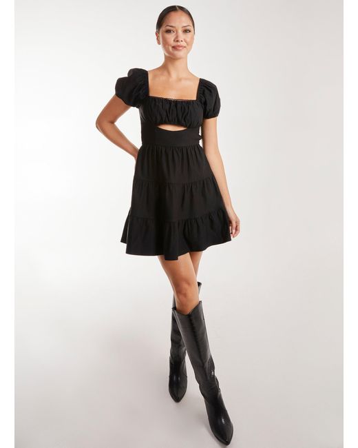 Pink Vanilla Black Puff Sleeve Peekaboo Tiered Mini Dress