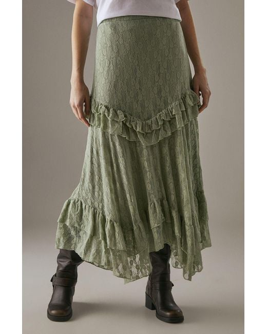 Warehouse Green Lace Ruffle Tier Maxi Skirt