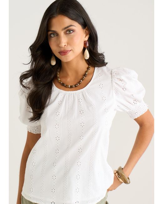 Gini London Natural Broderie Anglaise Puff Sleeves Top
