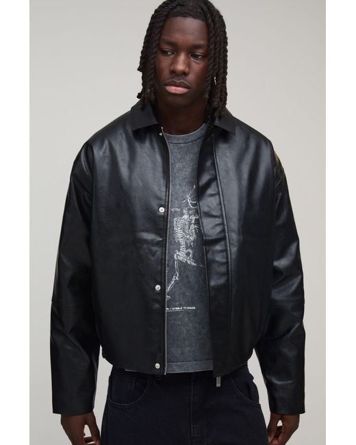 BoohooMAN Gray Boxy Fit Panelled Pu Harrington Jacket for men