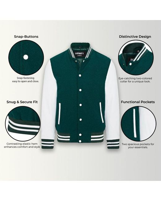 Infinity Leather Green Letterman Baseball Wool Varsity Bomber Jacket for men