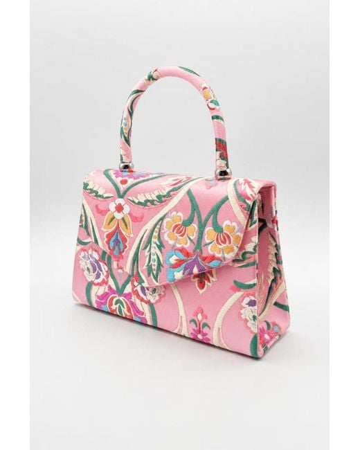 SVNX Pink Floral Satin Embroidered Top Handle Bag