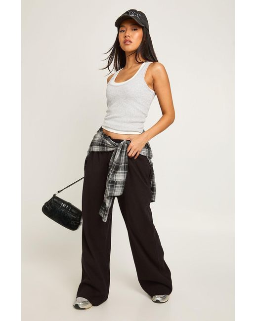 Boohoo Black Petite Rib Wide Leg Trouser