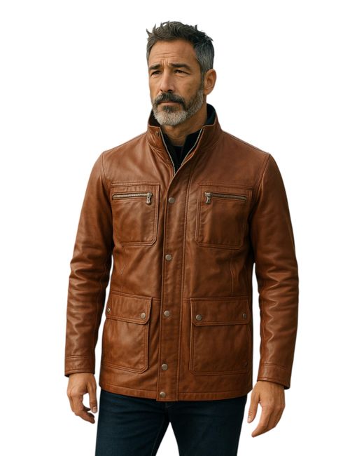 Infinity Leather Brown Military Jacket Outwear Coat for men