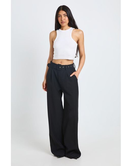 Boohoo Blue Tall Self Fabric Belted Wide Leg Trouser