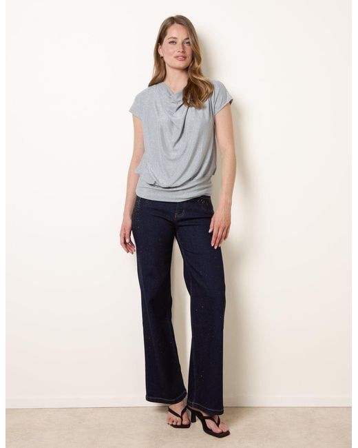 Blue Vanilla Blue Metallic Cowl Neck Draped Top