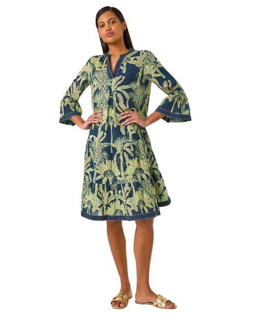 Roman Green Palm Print V-Neck Tiered Dress
