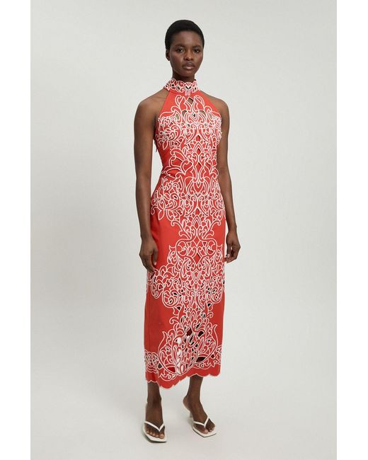 Karen Millen Red Cotton Cutwork Woven Halter Midi Dress