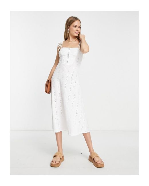 ASOS White Broderie Strappy Midi Tea Dress With Hook And Eye Detail