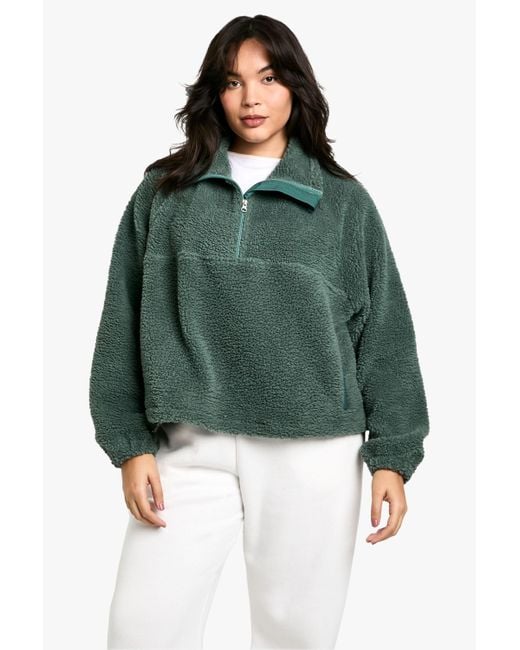 Boohoo Green Plus Half Zip Side Pocket Overszied Borg Sweatshirt