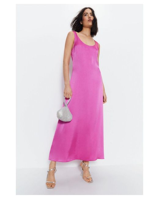 Warehouse Pink Scoop Neck Satin Midi Slip Dress