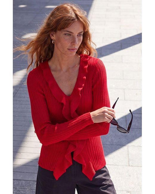Roman Red Frill Trim Ribbed Knit Top