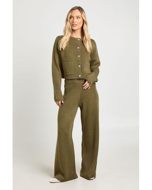 Boohoo Green Petite Pocket Detail Crew Neck Knitted Cardigan And Wide Leg Trouser
