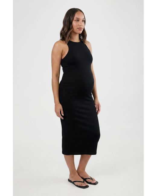 Boohoo Black Maternity Basic Rib Racer Neck Midi Dress