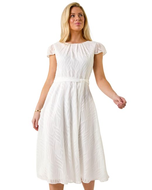 Roman White Petite Jacquard Gathered Neck Dress