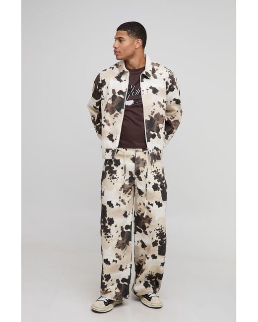 BoohooMAN White Boxy Denim Cow Print Bomber Jacket for men