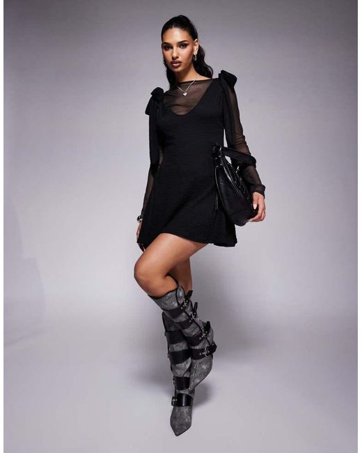 ASOS Black Mesh Insert Tie Shoulder Swing Mini Dress