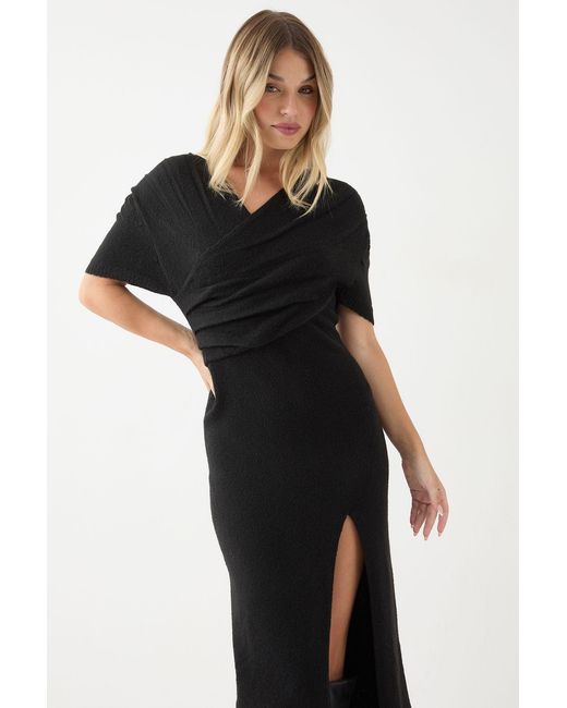 MissPap Black Knitted Wrap Front Split Hem Maxi Dress