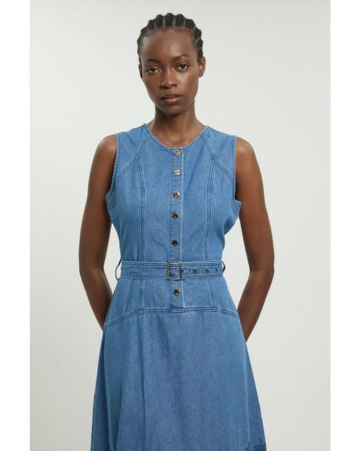 Karen Millen Blue Denim Cut Out Halterneck Midi Dress