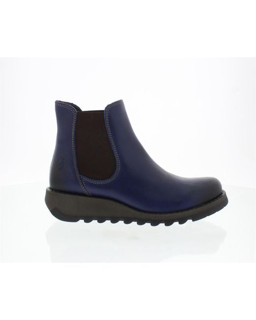 Fly London Blue Leather Chelsea Wedge Ankle Boots