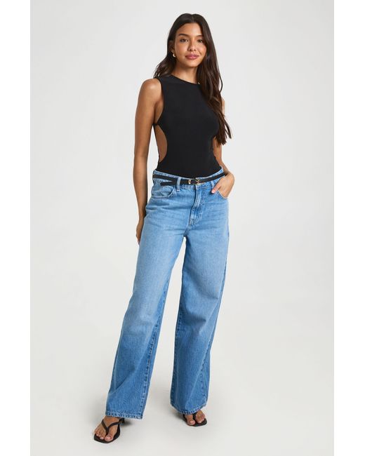 Boohoo Blue Slinky Twist Side Detail Cut Out Bodysuit