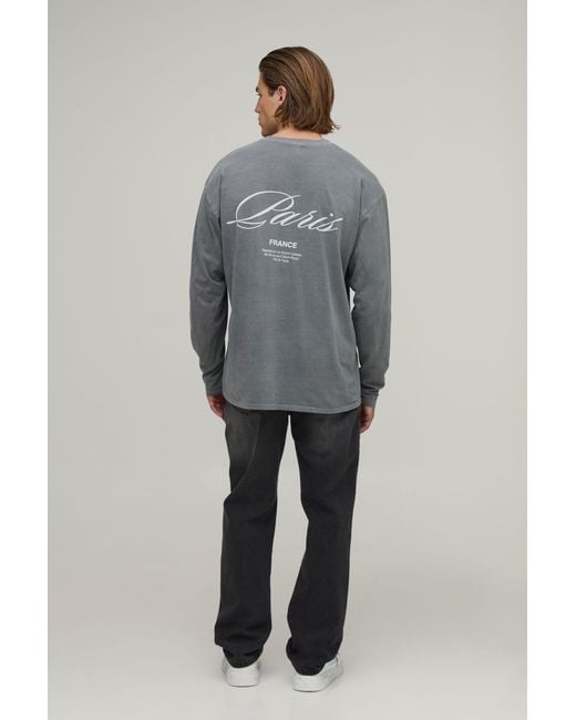 BoohooMAN Gray Washed Oversized Paris Print Long Sleeve T-Shirt for men