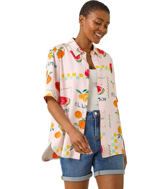 Roman White Fruit Print Collared Shirt