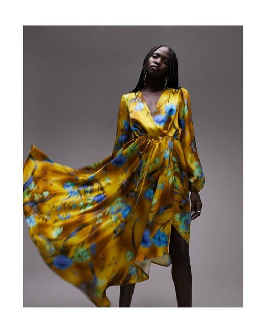 TOPSHOP Multicolor Abstract Floral Asymmetric Long Sleeve Satin Dress